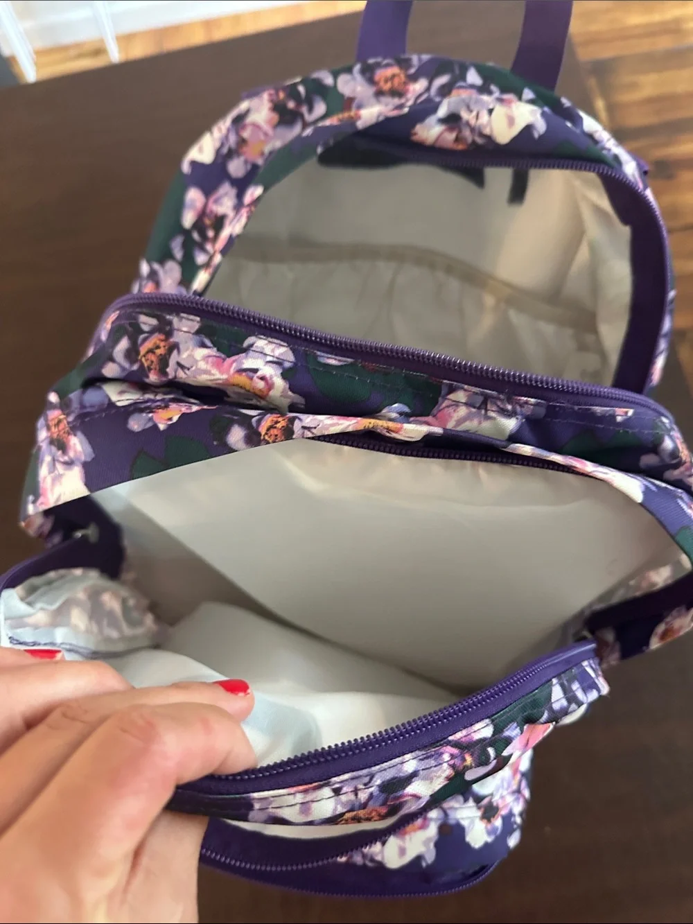 JanSport Purple Floral Backpack with Brown Base